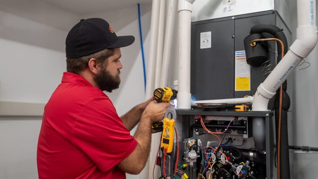 A worker is fixing a furnace system