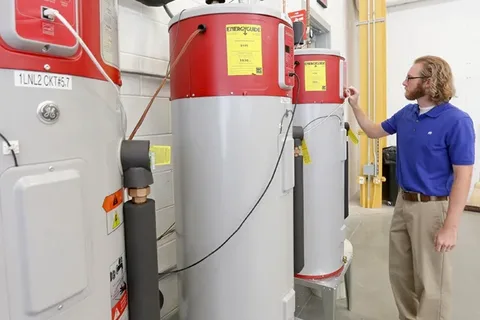 A worker adjusting a water heater system