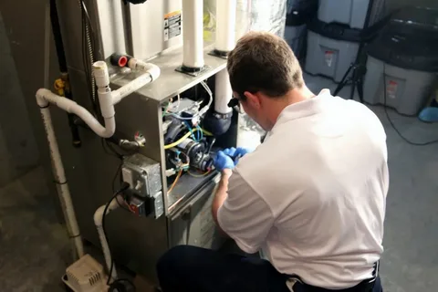 Technician repairing furnace with tools and gloves
