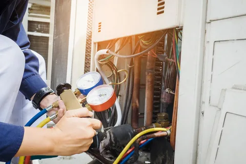 Technician inspecting air conditioning refrigerant levels