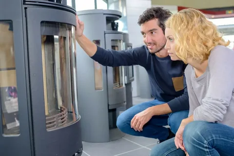 Couple shopping for a wood-burning stove