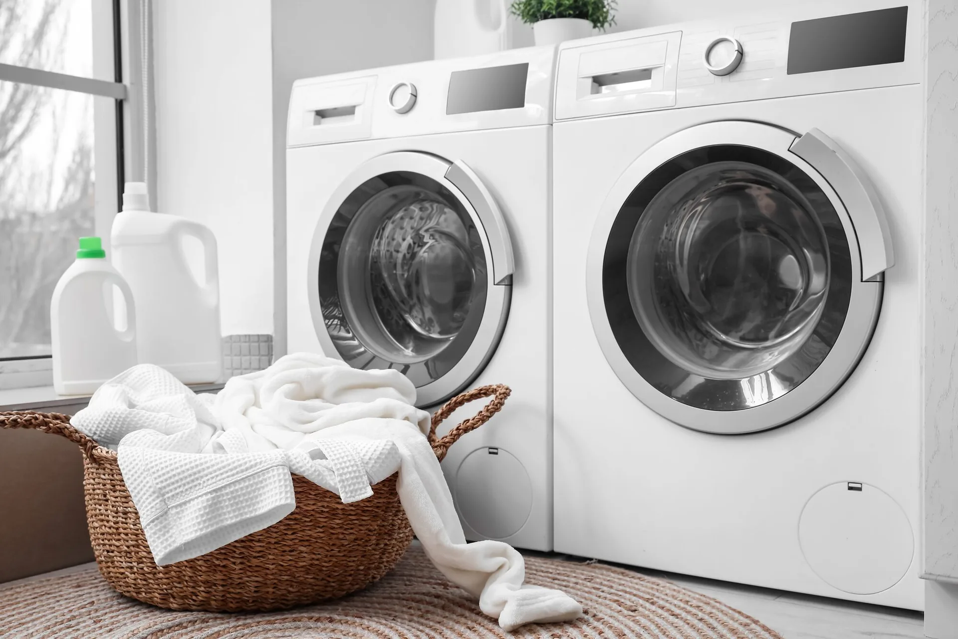 Laundry setup with washing machines and basket