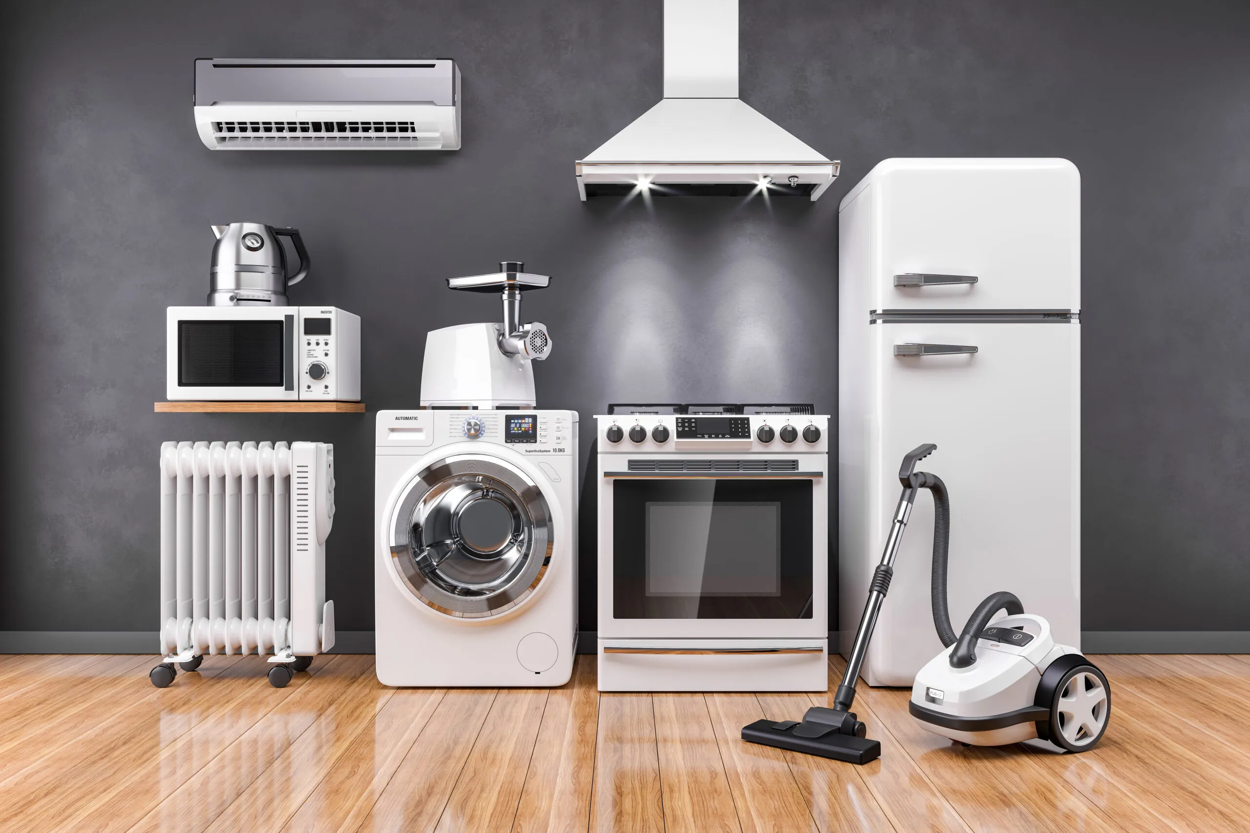 Modern home appliances including washing machine and fridge