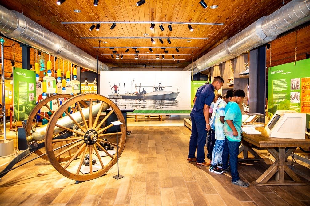 Visitors exploring exhibits in a museum with artifacts