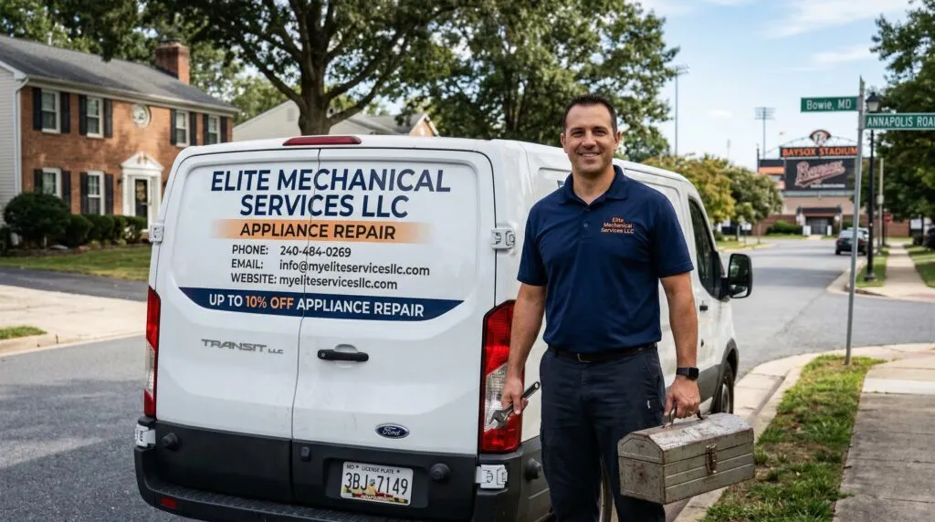 Technician holding a toolbox beside a service van