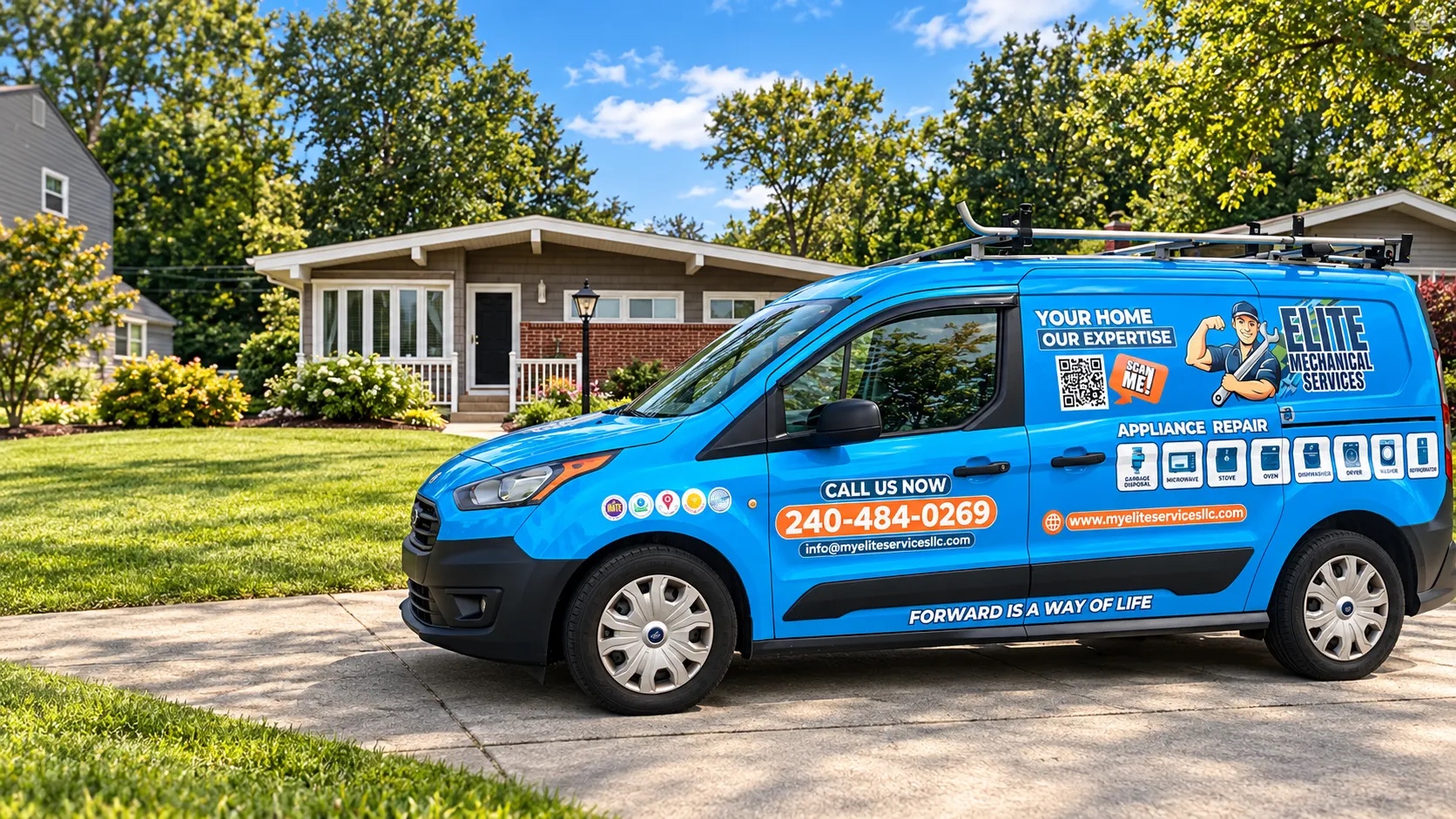Technician beside a service van outside a house
