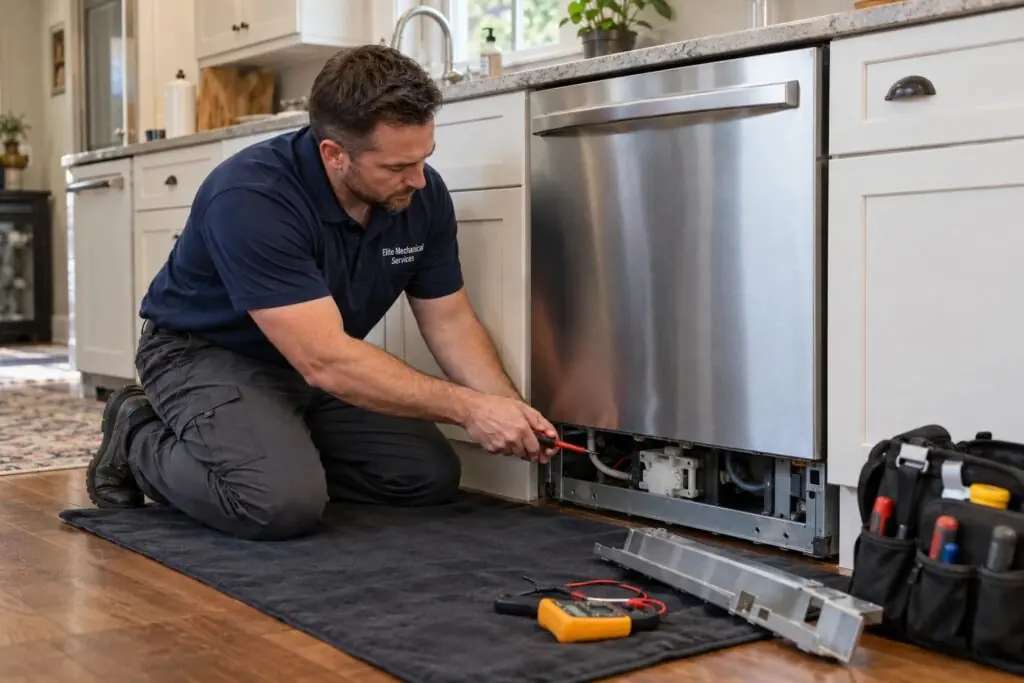 Technician testing the wiring under a stainless steel dishwasher