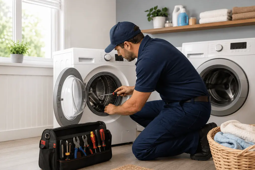 Technician repairing a front-load washing machine in a laundry room