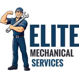 Elite Mechanical Services logo with appliance repair technician mascot